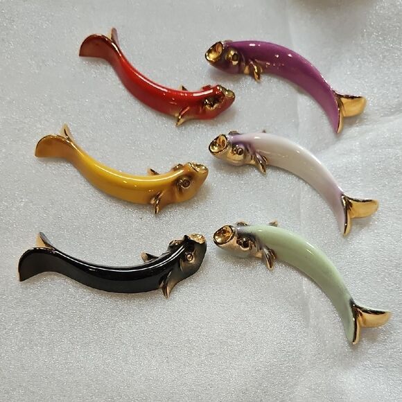 Elegant Gold Plated Ceramic Knife Rests Set Of Six Curved Fish - Picture 1 of 4